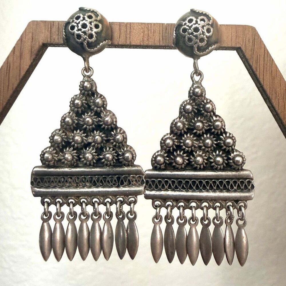 Vintage Sterling Silver Floral Filigree Fringe Dangle Earrings